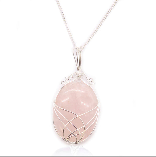 Swirl Wrapped Gemstone Necklace - Rose Quartz